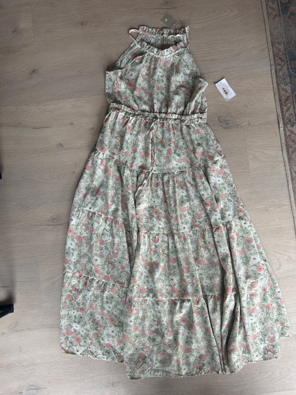 Floral Halter Maxi Dress in Sage Green with Pink Accents